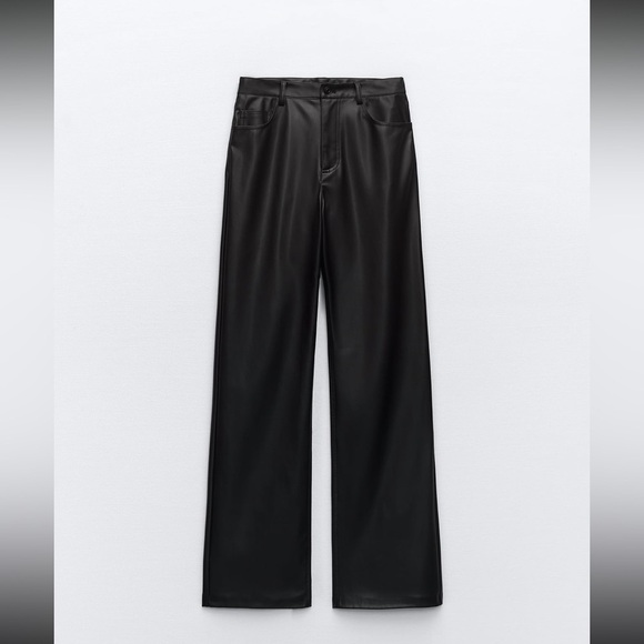 Zara Black Faux Leather High Rise Straight Leg Split Ankle Hem Pants - Picture 6 of 8